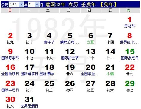 1982年5月|1982年日历表,1982年农历表（阴历阳历节日对照表）